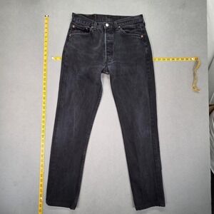 Levis 501 Jeans Mens Dark Gray Black Straight Button Fly Faded Denim Fits 29x29